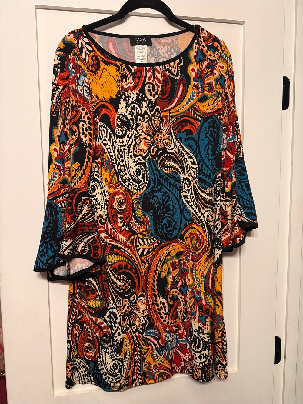 MSK Multicolor Paisley Bell-Sleeve Tunic dress with Teal and Mustard Accents